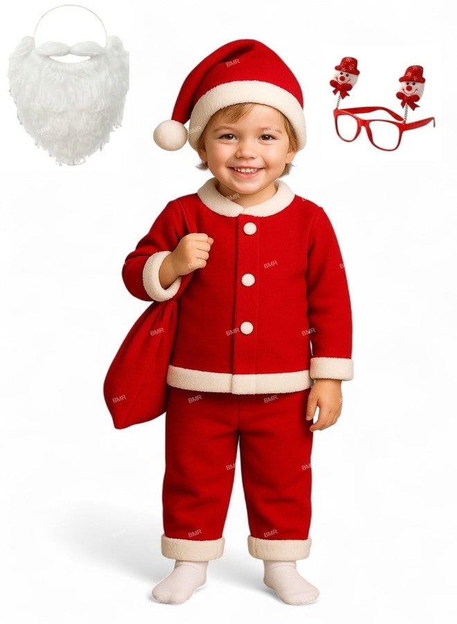 SKYWARE Santa Claus Dress For Kids 3-5 Years Boy Girl 6Pc Set with Goggle,Beard,Shirt,Pant,Hat,Goodie Bag Warm Fleece Christmas Fancy Dress Competition Costume School Function Xmas Gift Red - Image 1